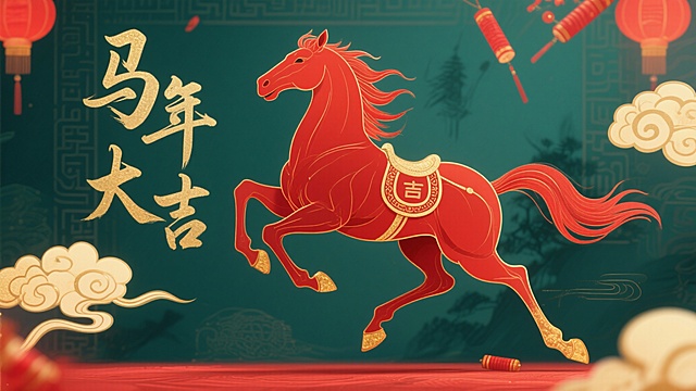 国潮风插画，红马奔腾，鎏金祥云与灯笼点缀，剪纸元素融合中式纹样，喜庆吉祥，尽显民族韵味。