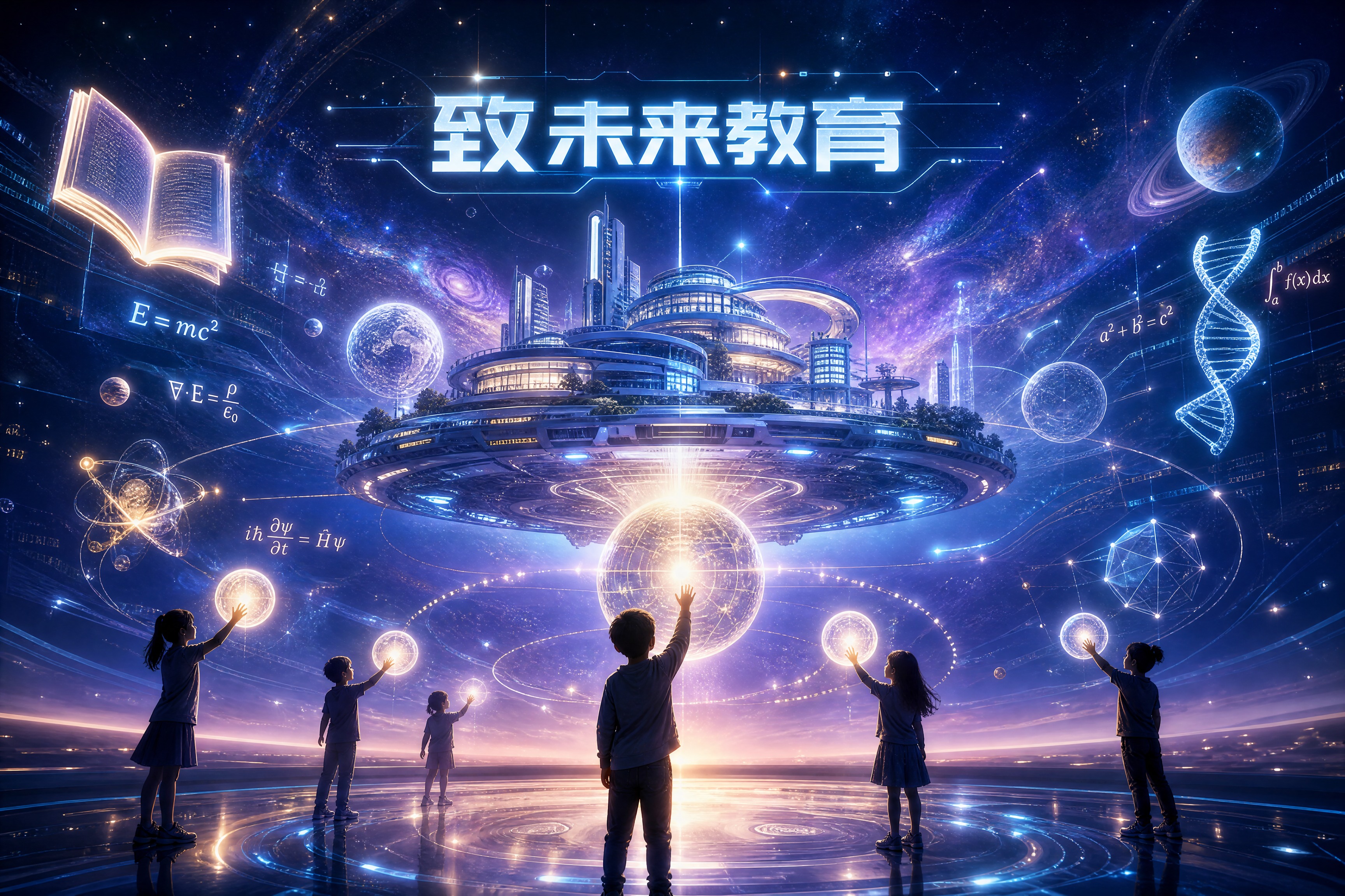 致未来教育主题概念图，科技未来风格。画面中央是一座悬浮的未来智… - 图片创意预览