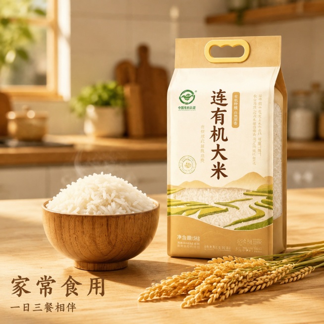 [主图-4] 连有机大米家常食用场景展示
[氛围风格] 延续首图自然田园品质风，整体风格色调字体排版与首图完全统一，突出生活代入感
[画质] 商业摄影质感、光线柔和通透、产品清晰真实、画面干净高级，无预览效果