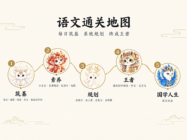 参考图的极简风格，浅米白底色，金色圆形节点和蜿蜒路径，简洁干净。生成横版语文通关地图，横向构图。顶部居中是标题"语文通关地图"黑色字体，下方一行小字副标题"每日筑基 系统规划 终成王者"。画面中央一条金色蜿蜒路径从左向右水平延伸，串联五个圆形关卡节点，左右交替排列：第1关"筑基"在最左侧，圆形内是白色九尾羊神兽，右侧文字"筑基"，下方小字"每天一道题 · 阅读 · 作文 · 基础汉字词"；第2关"素养"，圆形内是红色小龙神兽，下方文字说明"小古文 · 名著晚读 · 纪录片 · 电影"；第3关"规划"，圆形内是白色鹿角神兽，下方文字说明"会预习 · 会上课 · 会复习 · 会积累"；第4关"王者"，圆形内是彩色老虎神兽，下方文字说明"通关初中阅读 · 作文 · 文言文"；第5关"国学人生"在最右侧，圆形内是蓝金鹰神兽，下方文字说明"语文自由"。每个关卡有金色圆形编号。整体扁平化简约设计，色彩淡雅，留白充足，线条简洁，视觉清晰舒适，横版布局
