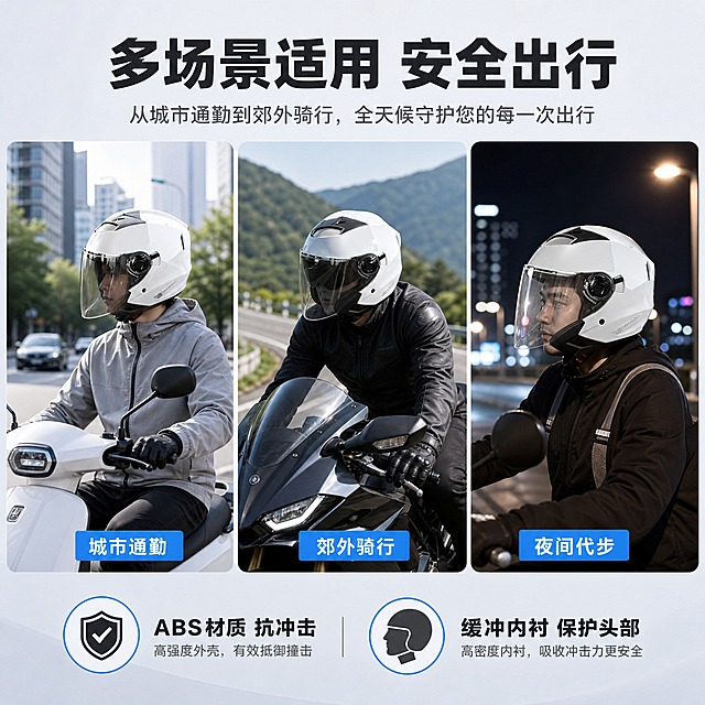 [主图-6] 多场景使用展示与安全防护强调，体现头盔的广泛适用性和安全价值。
[统一基调] 淘宝电商主图风格，专业品质感，冷灰科技底色搭配白色高亮产品，主标题字体为粗黑体深灰色，辅助文字为中灰色，强调色为科技蓝，整体简洁大气，突出产品质感。
[画面] 画面采用三宫格横向并列构图，每个格子展示一个不同的使用场景，头盔在每个场景中都清晰可见：1.左格：城市通勤骑行场景，电动车/摩托车在城市道路，白天通勤氛围；2.中格：郊外跑山骑行场景，摩托车在山间公路，阳光明媚的周末出游氛围；3.右格：夜间骑行场景，城市夜景路灯下，头盔内置墨镜切换为透明镜片，体现夜间安全视野。三格画面顶部有统一的标题栏，画面底部有安全防护相关的图标和文字说明，如"ABS材质 抗冲击""缓冲内衬 保护头部"。
[光影质感] 真实场景摄影质感，三个场景各有不同的光线氛围（白天明亮、郊外自然光、夜间灯光），头盔在每个场景中光影融合自然，材质表现一致。
[配色] 三个场景各有主色调但整体协调，白色头盔在各场景中均突出，标题和图标用统一的深灰色+科技蓝。
[文字版式] 画面顶部居中主标题"多场景适用 安全出行"，三宫格每格下方有1个短标签（城市通勤/郊外骑行/夜间代步），底部2个安全卖点图标+文字横向排列，字体统一，清晰可读。
[输出要求] 1:1正方形比例，2K分辨率，产品清晰，场景真实，文字清晰，无变形，无错字，无水印，无平台Logo。