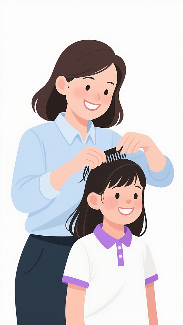 温馨插画风，母亲为女儿梳头，拟人化表达母爱，简约柔和色调。