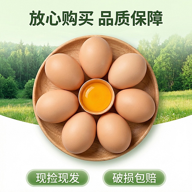 [主图 5 服务承诺] 主图主题：土鸡蛋服务承诺保障图，氛围风格：简洁干净，增强信任感。画面元素：画面中心摆放多枚完整土鸡蛋围成一圈，中心露出一颗打开的金黄蛋黄，背景是朦胧山林草地，整体简洁大方。配色色系：主色调：浅绿背景，米棕鸡蛋；辅助色：金黄蛋黄。视角构图：中心对称构图，主体居中，留白充足。文字版式：画面底部横向排列两个服务标签，左侧 "现捡现发" 右侧 "破损包赔"，字体为白色，放在半透明绿色胶囊框中，顶部居中主标题 "放心购买 品质保障"，字体深绿色，所有文字不遮挡产品主体。比例分辨率：2k 分辨率
