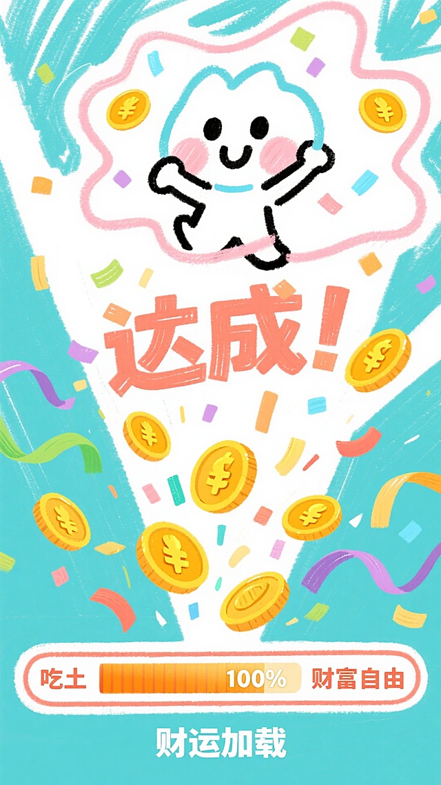 插画风+描边风拟人小云朵，蜡笔质感色彩搭配粒子洒落金币，喜庆氛围中达成财富自由，卡通可爱感十足。