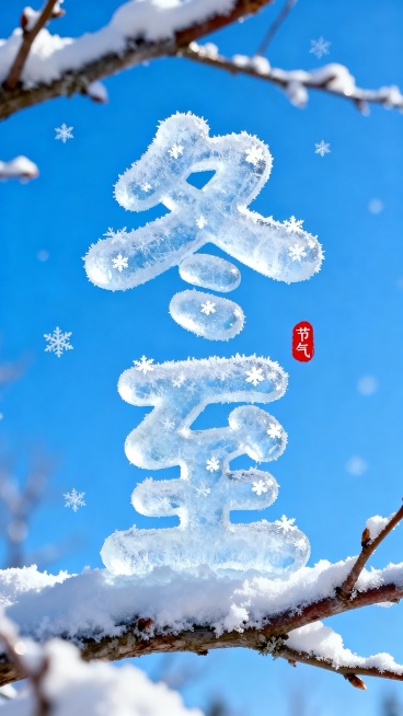 画面中央是冰霜圆润可爱字体形成“冬至” 二字，字体上可以有小小的雪花元素点缀。背景是蓝天，画面中有白雪冬日的树枝。立冬字旁红色小印章”节气“点缀，整体画面色彩明亮预览效果