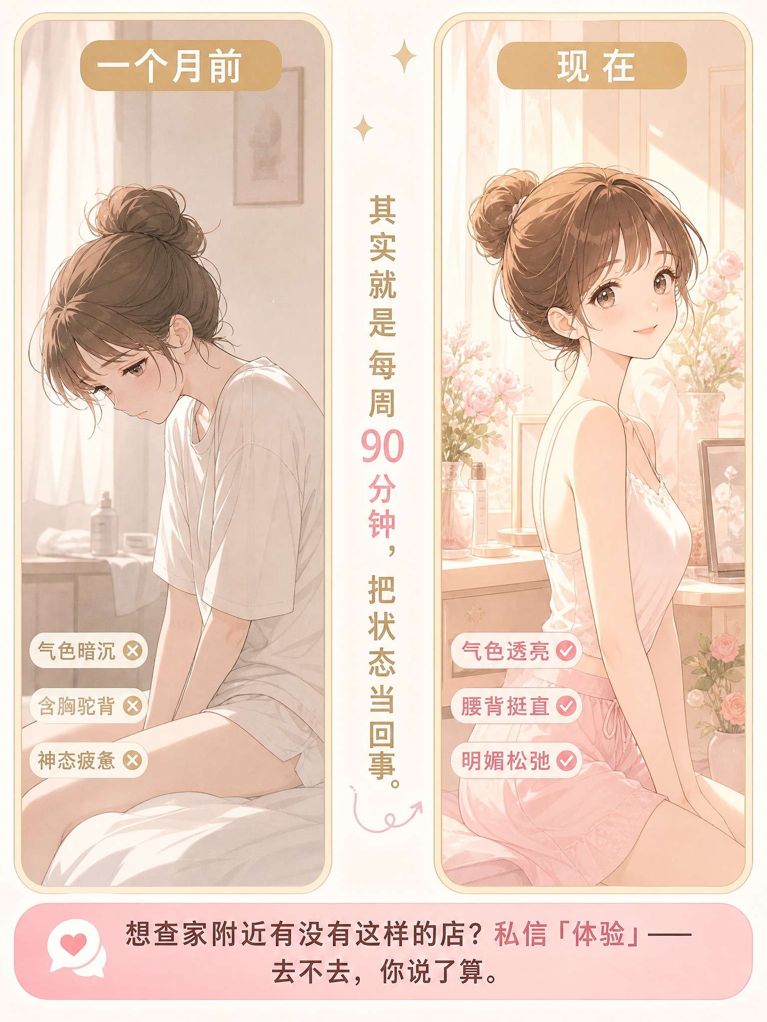 日系少女治愈动漫插画，赛璐璐平涂，线条柔和干净，配色米白+浅金… - 图片创意预览