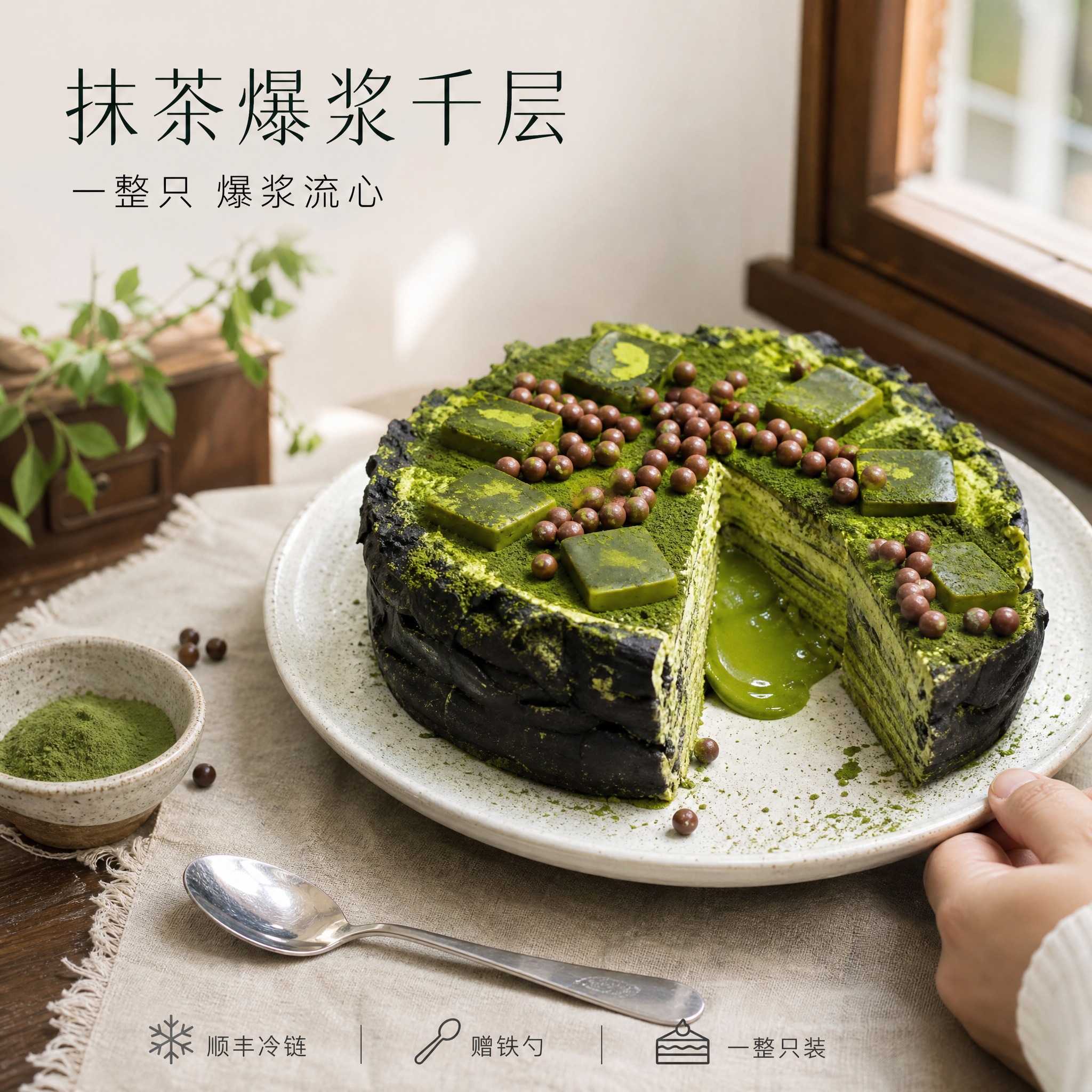 [单张主图] 抹茶爆浆千层（蛋糕甜品）单张主图，路线判断为高级… - 图片创意预览