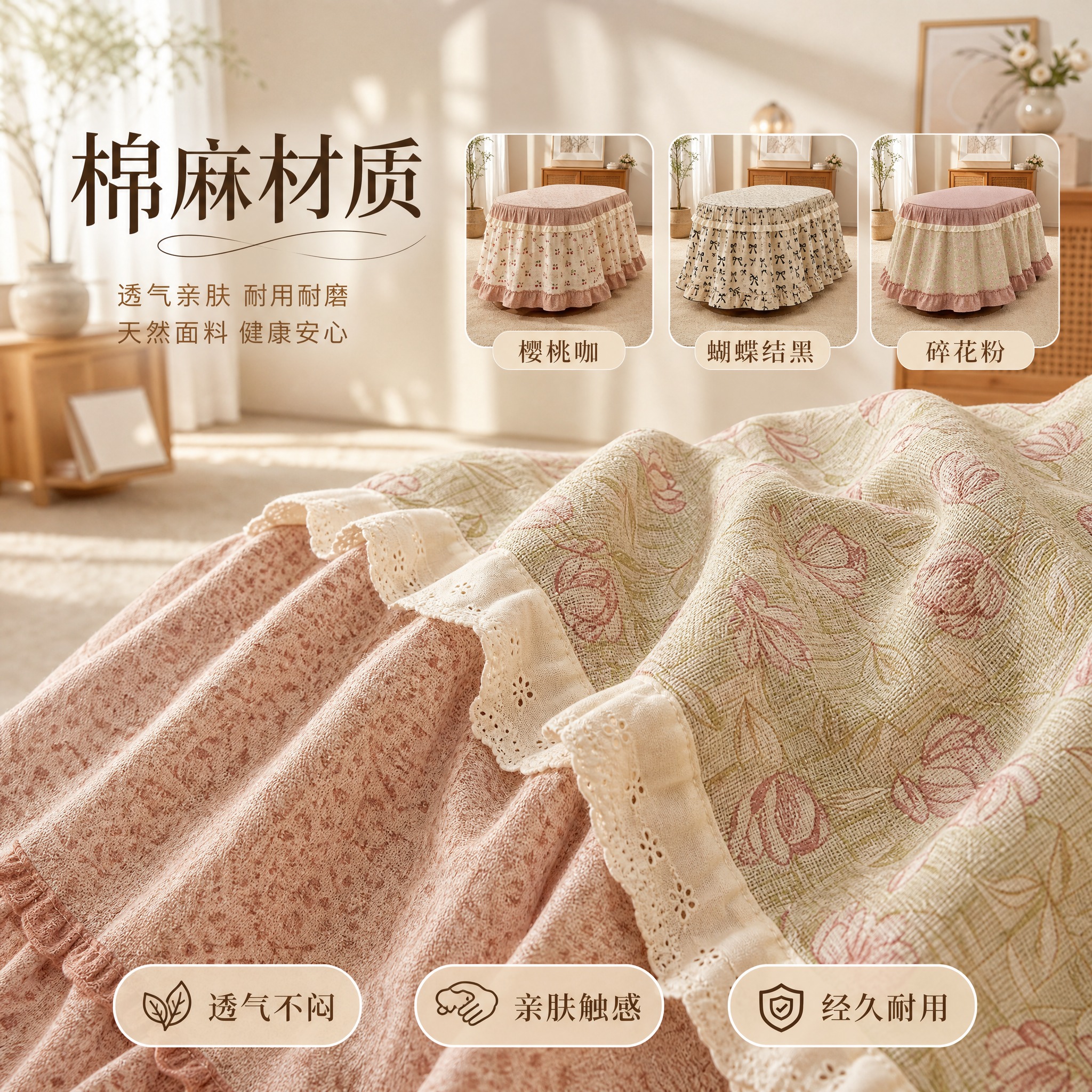 [主图-5] 烤火被 棉麻材质质感与多花色展示。 [统一基调]… - 图片创意预览