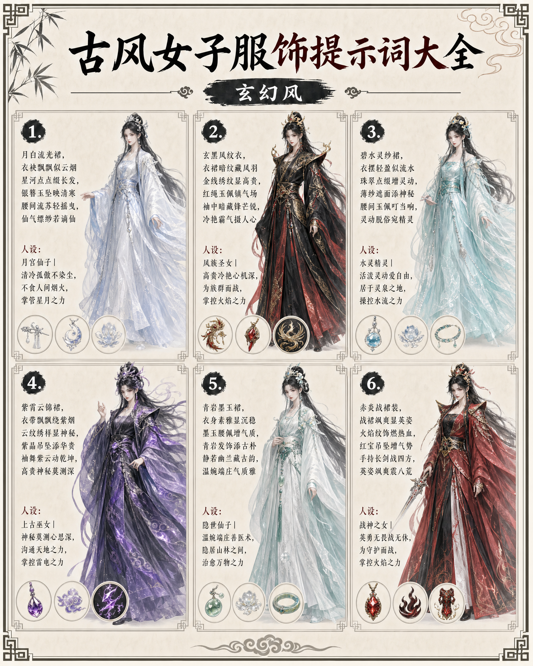 模仿参考版式生成古风女子服饰提示词大全信息图，包含6种不同玄幻… - 图片创意预览