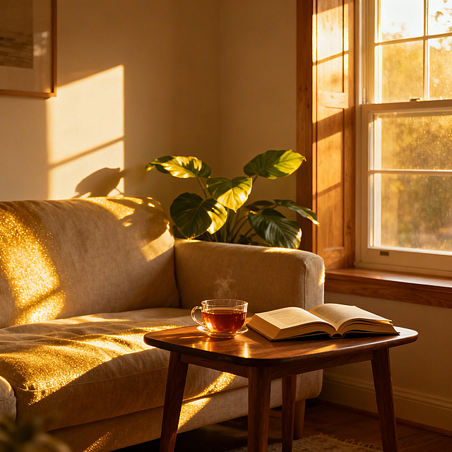 暖洋洋的午后，阳光透过落地窗洒满整个房间，金色的光线落在浅木色的家具上，柔软的布艺沙发旁摆着小茶几，上面放着温热的茶和翻开的书，墙角的绿植被阳光照得透亮，整个房间被暖金色笼罩，氛围温馨又治愈，充满舒适的生活感