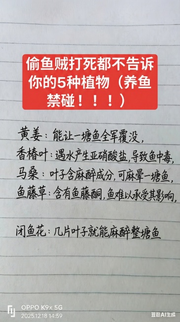 偷鱼贼打死都不告诉你的
5 种植物（养鱼禁碰！！！）
黄姜：能让一塘鱼全军覆没
香椿叶：遇水产生亚硝酸盐，
导致鱼中毒
马桑：叶子含麻醉成分，可麻
晕一塘鱼
鱼藤草：含有鱼藤酮，鱼难以
承受其影响
闭预览效果