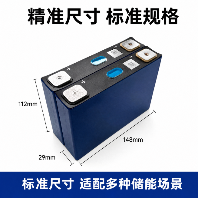 [主图-3] 磷酸铁锂电池外观尺寸规格标注展示
[氛围风格] 清晰直观专业风
[画质] 商业摄影质感、光线明亮通透、产品清晰真实、画面干净高级
[元素] 两节并联蓝色磷酸铁锂电池斜放展示，保持产品外观预览效果