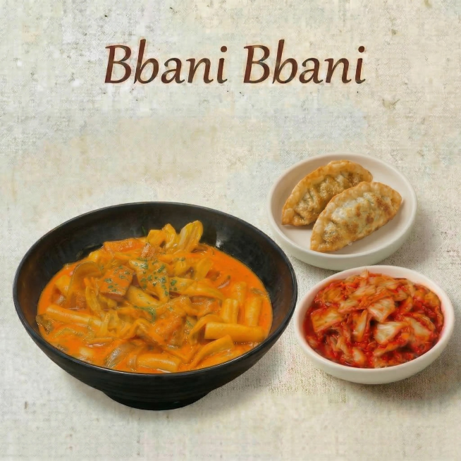 调整图片尺寸为正方形900×900，保留原有全部内容："Bbani Bbani"标题，保留芝士炒年糕、炸饺子、韩式泡菜三个菜品组合展示，保留米白色肌理背景，保持原设计风格不变，裁剪为正方形预览效果