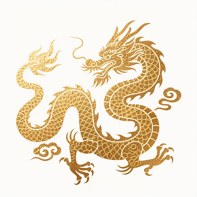金色浮雕质感的中国传统龙纹图案，龙身呈S形蜿蜒，鳞片与卷曲云纹细节丰富，整体线条流畅，采用金色渐变色调，表面有细微的锤击纹理，龙首昂扬，龙须飘逸，四肢舒展，爪子锐利，背景为纯白色，图案为平面剪影式设计，具有传统吉祥图案的装饰风格。