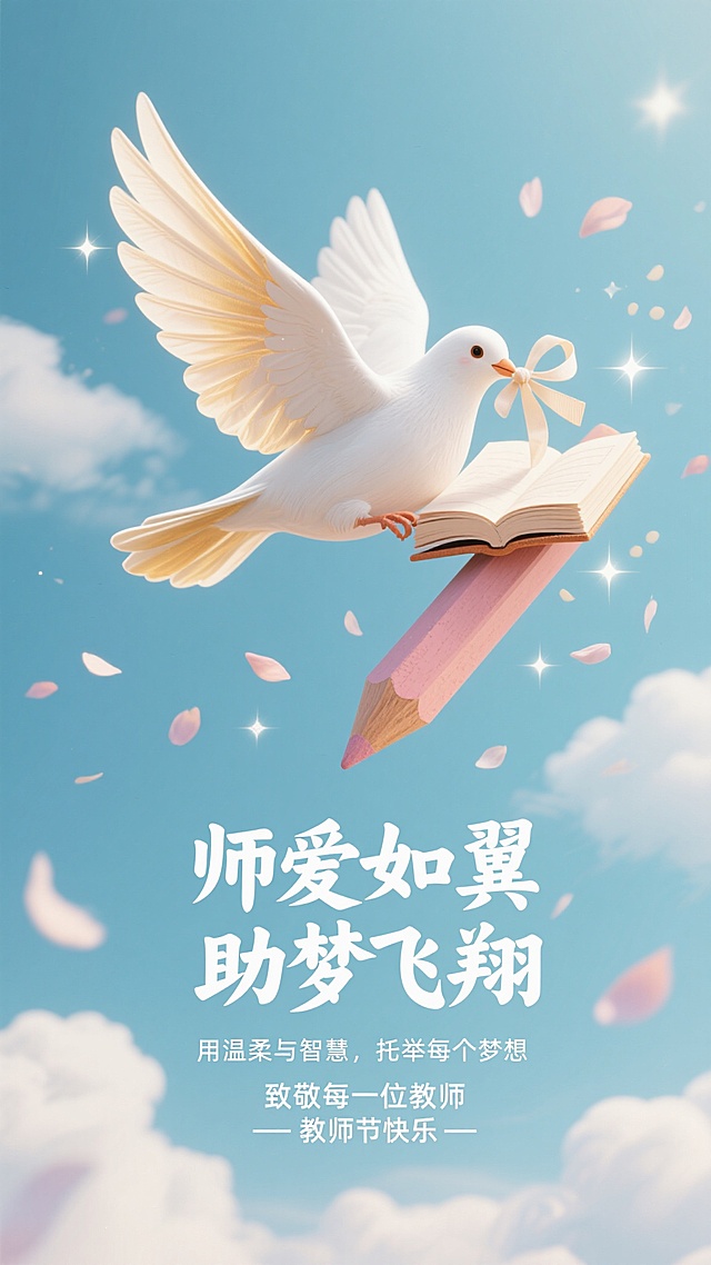 梦幻插画风，鸽子拟人化托书飞翔，柔和色彩与超现实元素结合，清新梦幻，致敬教师节。
