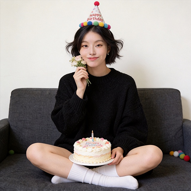 生成居家生日氛围感写真，仅保留参考图1人物脸型、五官、年龄等特征，忽略参考图原有发型配饰，电影质感，高通透氛围感，复古暖调，温暖柔和自然光；清透自然皮肤，真实纹理，自然短发，慵懒翘翘头；盘腿坐沙发，单手扶蛋糕，另一只手轻拿花束凑近脸颊，清新温柔浅笑；清透白开水妆容，粉嫩腮红+无辜卧蚕+水光玻璃唇；彩色毛球生日尖顶帽，黑色宽松慵懒风针织毛衣，白色中筒袜，室内深灰色布艺沙发，奶油白墙面，生日蛋糕，搭配简约花束，分辨率4k，电影级光影质感，商业人像摄影级别，画面比例2:3