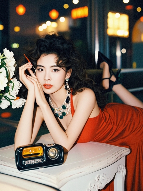 复古港风氛围，一位穿红裙女性，卷发蓬松有光泽，妆容惊艳，红唇，精致眼妆，姿态慵懒，手托腮，持黑色高跟鞋。背景带朦胧怀旧夜景，色调暖黄复古，营造80年代港风电影感预览效果