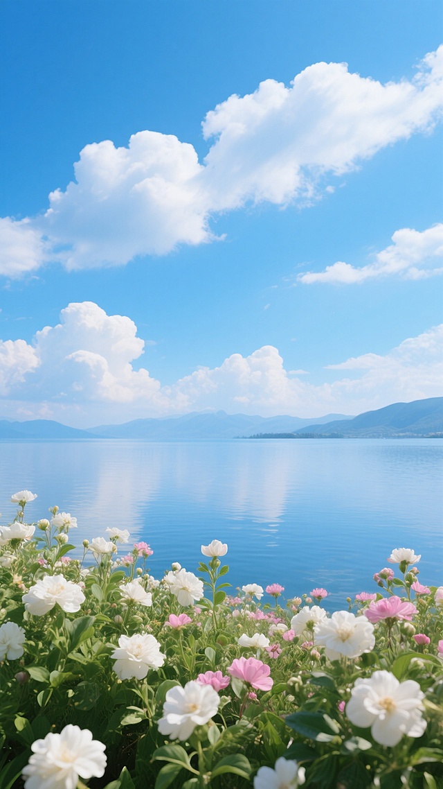 写实风格的自然风景画面，画面下方前景是茂盛的花丛，包含大量白色和粉色的花朵，花瓣层次分明，搭配翠绿的叶片，充满生机；背景是广阔的蓝色湖面，湖面平静，倒映着天空的色彩，远处可见朦胧的山脉轮廓；天空占据画面上半部分，呈现清澈的蓝色，点缀着形态各异的白色云朵，云朵边缘柔和，光影过渡自然；整体色彩明亮清新，光影效果为自然的天光，光线柔和，营造出宁静、开阔、舒适的氛围，构图采用前景花丛与背景湖天一色相结合的方式，层次分明，视野开阔。