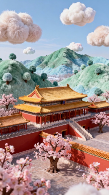 晴空万里冬日的北京故宫，居中构图，色彩柔和，鸟瞰视角的全景。远处是白云青山，故宫旁边种植了樱花树预览效果
