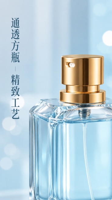 [第7屏] 瓶身细节特写屏，展示美丽香水玻璃瓶身和喷头设计质感。本屏使用【图1】作为产品参考。
[氛围/风格] 微距特写质感，高级工业美学，清晰锐利商业摄影。
[元素布局] 画面聚焦香水瓶肩部和喷头区预览效果