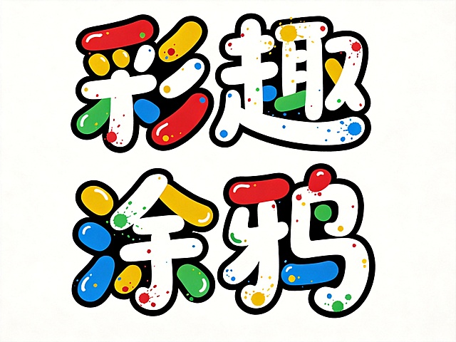 参考图字体风格重新生成，字体必须是锐字温帅小可爱，保持圆润俏皮的可爱字形，在文字表面添加彩色涂鸦喷溅效果，干净纯白色背景，平面艺术字体设计，4个主体文字"彩趣涂鸦"，单行横向排列，红、黄、蓝、绿多色涂鸦，装饰元素不溢出背景，文字完整不裁切。仅包含四个字"彩趣涂鸦"，不得修改文字