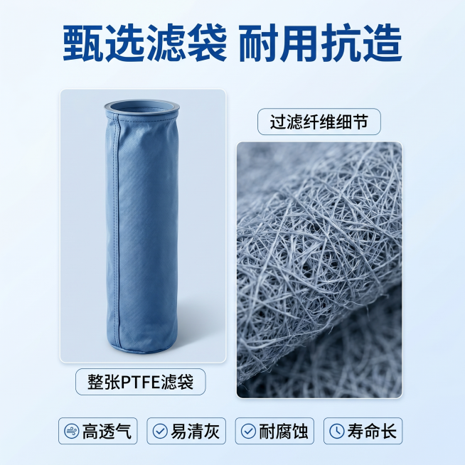 [详情页 5] 滤袋材质细节展示，延续简约工业风，保持风格统一。[氛围风格]细节品质展示，真实专业；[画质]商业设计质感，清晰高级，文字锐利；[元素]左侧放整张滤袋的产品特写，右侧放过滤材质微距细节特预览效果