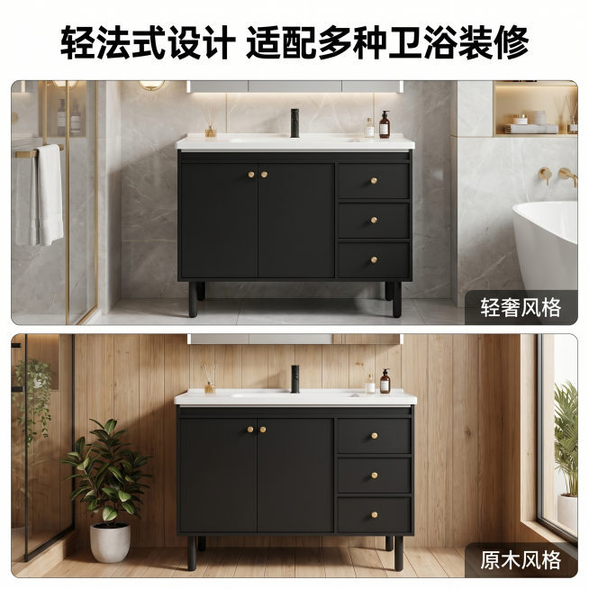 [主图 4] 法式落地浴室柜多场景适配展示。氛围风格：轻法式百搭适配，不同装修风格展示。画质：商业摄影质感、光线柔和通透、产品清晰真实、画面干净高级。元素：采用上下两宫格拼图，上格展示搭配浅灰色轻奢卫预览效果