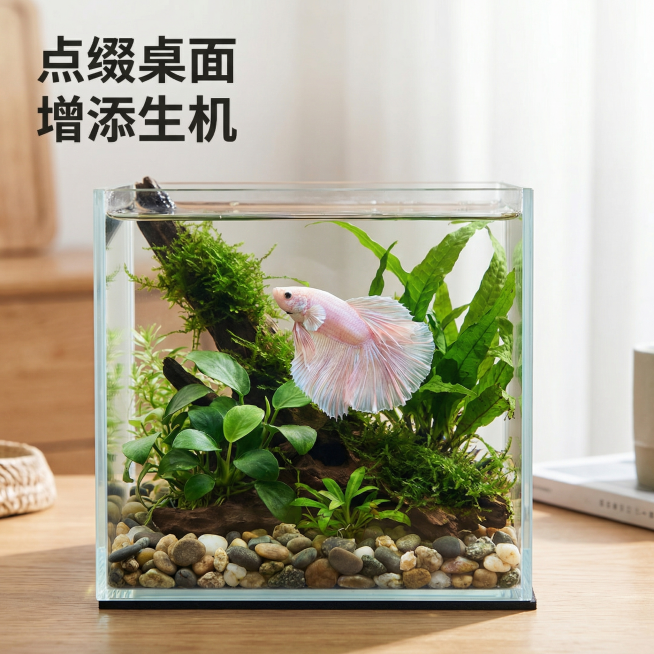[主图 8] 造景场景展示。氛围风格：自然美观，展示饲养效果。画面元素：将本款泰国斗鱼放入简约桌面草缸造景中，周围搭配简单水草和小鹅卵石，模拟真实饲养场景，营造清新自然的桌面观赏氛围，斗鱼保持原有形态预览效果