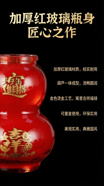 电商详情页第八页，介绍玻璃瓶身优势，内容：加厚红玻璃材质，葫芦一体成型，金色烫金工艺，寓意吉祥福禄，可重复使用，美观实用，纯黑色背景，古朴国风，左侧放瓶身特写，右侧放文字介绍，金色主标题白色内容文字，预览效果
