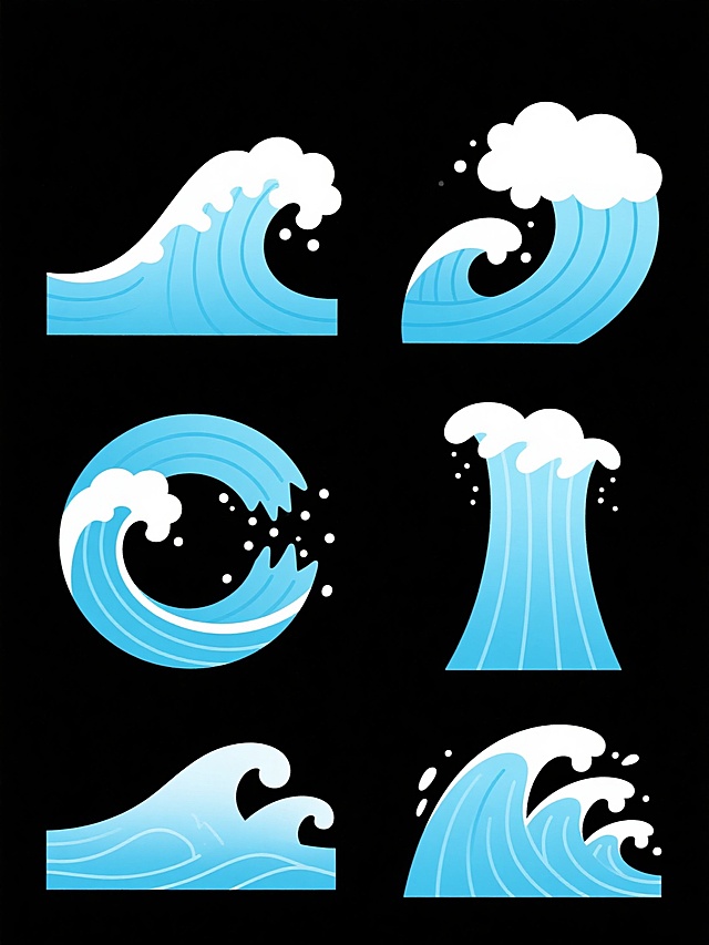 一套由六个完全不同造型和角度的浪花组成的系列素材集合，每个浪花均保持与原图一致的平面插画风格，采用纯净的天蓝色渐变与白色浪花顶部的配色方案，浪花主体线条流畅且带有平行的波浪纹理细节，白色浪花部分呈蓬松的云朵状边缘。六个浪花形态各异，包括但不限于：向左上方翻卷的小浪花、向右下方冲击的破碎浪花、对称的环形浪花、垂直向上涌起的柱状浪花、平缓扩散的扇形浪花以及带有多重小浪尖的复杂浪花。所有浪花元素均以规整的网格状排布在纯白色的纯色背景上，整体画面简洁明快，视觉风格统一，适合作为设计素材使用。
