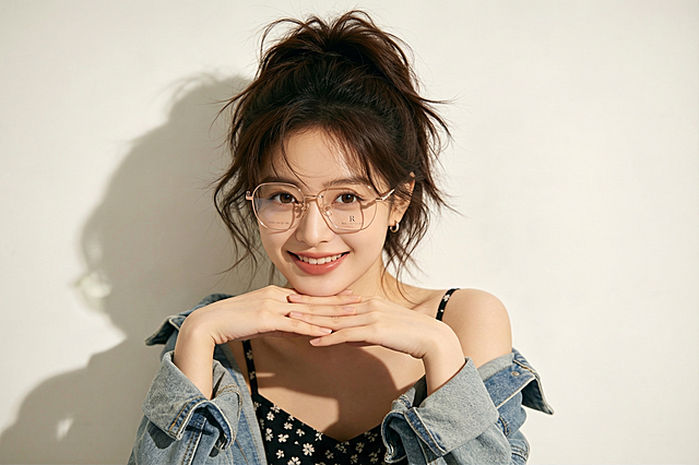 把第二张图片中的玫瑰金多边形眼镜自然地给第一张图片的女生戴上，保持人物原有姿态、微笑表情和光影效果，自然融合不突兀