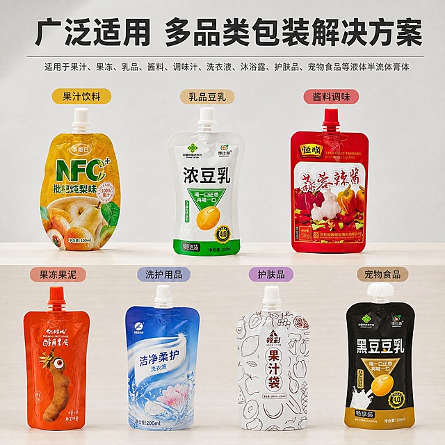 [主图-5] 主题：多行业多品类适用，展示吸嘴袋可用于果汁、果冻、乳品、酱料、调味汁、洗衣液、沐浴露、护肤品、宠物食品等液体半流体膏体的广泛适用性。
[统一基调] 1688工厂源头感，高级商业摄影质感，整体色调以浅灰、浅木色、工业白为主，点缀深灰与品牌蓝作为强调色；标题用粗黑无衬线字体，辅助文字用细黑无衬线字体，字号层级分明；画面干净通透，突出产品真实性与包装质感，不使用宣传泡沫、夸张特效或悬浮效果。
[画面] 画面采用宫格布局或环绕式陈列，中央放置一只代表性自立吸嘴袋，周围环绕展示不同内容物应用场景的小图或实物：果汁饮料款、豆乳乳品款、蒜蓉辣酱酱料款、果冻/果泥款、洗衣液洗护款、宠物食品款等，每个场景对应一款不同外观的吸嘴袋产品，均保持输入图中的原样外观、颜色、形状与圆形端头。背景为浅灰色高级质感背景，底部为浅米色台面。所有产品均为自立状态，排列整齐有序。
[光影质感] 统一柔和棚拍光，每个产品都有自然接触阴影，整体光线均匀，产品色彩真实还原，材质质感清晰。
[配色] 背景浅灰，台面浅米色，标题深灰，各应用分类标签用不同柔和色块区分但不刺眼，整体统一协调。
[文字版式] 顶部主标题「广泛适用 多品类包装解决方案」，下方每个应用场景旁标注短名称：「果汁饮料」「乳品豆乳」「酱料调味」「果冻果泥」「洗护用品」「宠物食品」，文字清晰简洁。
[输出要求] 比例1:1，2048x2048，2K分辨率，产品排列整齐清晰，文字易读。禁止产品变形，禁止改变圆形端头形状，禁止改变透视角度，禁止减少产品，禁止改变产品颜色，禁止宣传泡沫，禁止平台Logo水印，禁止极限词。