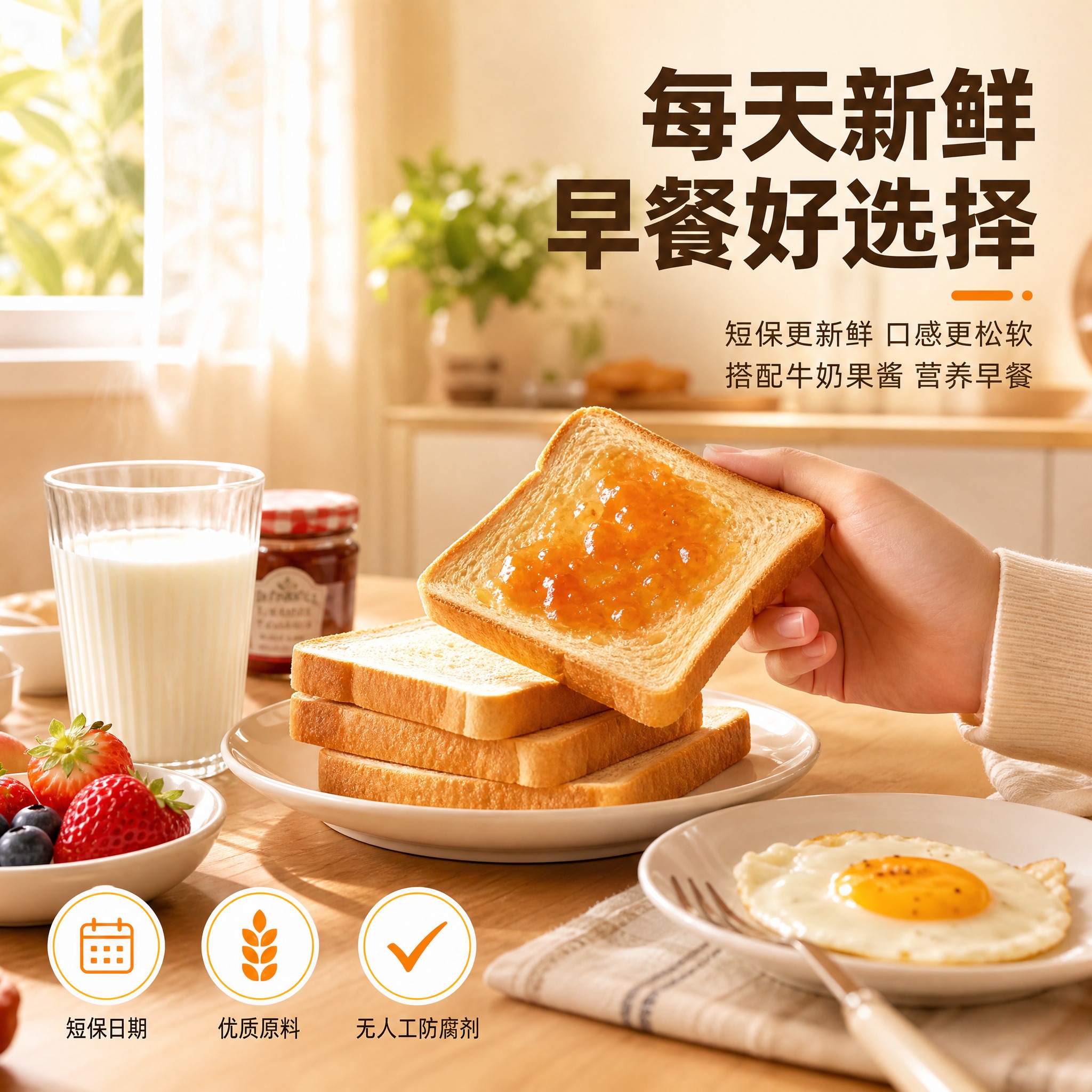 [主图-3 短保面包场景体验] 主题：早餐场景 新鲜短保面包… - 图片创意预览