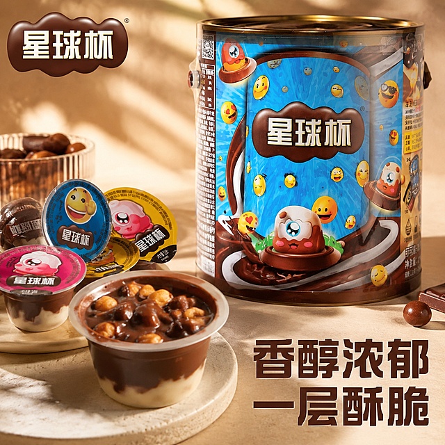[主图-1] 甜甜乐星球杯首图，展示产品整体包装与开杯后的诱人质感。氛围风格：温馨休闲零食风，突出食欲感。画质：商业摄影质感，光线柔和通透，产品清晰真实，画面干净高级。元素：打开的星球杯小杯放在前方，展示香醇浓郁巧克力酱包裹着酥脆饼干粒，一桶大包装完整展示在后方；左上角保留星球杯品牌Logo，保持品牌字形和配色不变；商品主体占比约70%，保持甜甜乐星球杯外观、物理结构、材质质感、颜色与输入产品图绝对一致，杜绝任何变形和色差，精细化处理。光影：自然暖光从侧面打亮，突出巧克力酱的油亮光泽和饼干粒的酥脆纹理，暗部有层次。配色：主色调为深棕巧克力色，辅助色为产品包装的蓝色和黄色，整体温暖有食欲。视角构图：平视45度斜拍，景深适中，主体突出不裁切。文字版式：左上方品牌Logo，右下方负空间左对齐，大字文案 "香醇浓郁 一层酥脆"，深棕色粗体无衬线，清晰醒目。输出要求：1:1比例，文字清晰可辨，超高清商业摄影质感。负向提示词：变形，文字错乱，产品图模糊，背景杂乱，水印，电商平台Logo