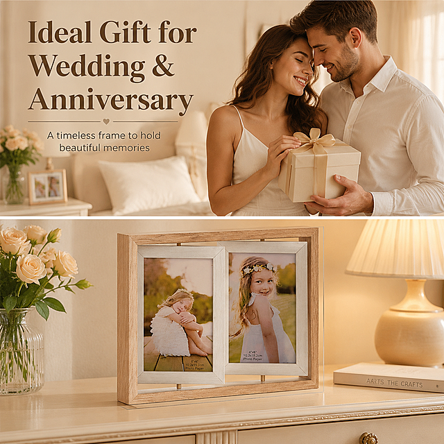 Bedroom dresser usage scenario page. The European wooden rotating photo frame is placed on a light-colored bedroom dresser. Use horizontal slice effect layout: top slice shows the bedroom environment, bottom slice focuses on the product standing on the table. This shot highlights the product as an ideal romantic gift for couple, wedding or anniversary. Prominent English text "Ideal Gift for Wedding & Anniversary". Keep the product appearance, size, material, color completely consistent with original image. Background is not pure white, warm soft bedroom ambient light, 800x800, high definition, commercial lifestyle photography, clean and advanced. Slice design does not cut product, only layout segmentation. One product per image.