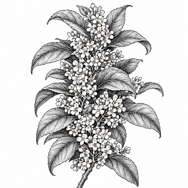 参考图中包装上的黑白铜版画/古典植物雕版线描风格，重新绘制一幅【桂花】的简笔画：写实繁密风格，一大枝桂花自下而上层层盛开，宽大桂叶错落遮蔽，叶腑间花团密布、数量繁多，整体构图饱满向上生长，花朵与叶脉用密集细排线渲染明暗，线条清晰干净，纯白背景，黑白色调，无任何文字