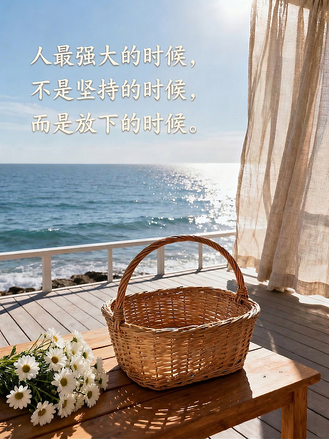 阳光洒落的海边露台，藤篮与雏菊静置木桌，轻纱飘动，光影温柔。手账风设计融合自然感与文艺感，传递放下后的宁静与力量。