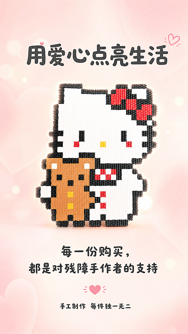 [第8屏] 品牌理念号召页-Hello litty暖心手作支持公益
[氛围/风格] 温暖治愈风格，浅粉渐变背景，暖心氛围感，柔和光影
[元素布局] 画面中心偏上放入【图1】Hello litty拼豆成品，保留原造型颜色，占据中心约50%区域，背景点缀浅淡爱心渐变纹理，底部留出文案区域
[光影质感] 整体柔和漫射光，温暖通透，主体突出，氛围感足
[配色色系] 全局底色：#FFF5F7（浅粉渐变）；产品保留原有色彩；文字色：#444444
[文字版式] 中心产品上方主标题「用爱心点亮生活」，产品下方副标题「每一份购买，都是对残障手作者的支持」，最底部温馨提示「手工制作 每件独一无二」，文字居中对齐，圆润字体，大小层次分明，不遮挡主体产品
[视角构图] 中心主体构图，上下文字区域，竖版居中，符合小红书阅读习惯
[比例分辨率] 9:16竖版比例，4K分辨率，文字清晰可辨
[负向提示词] 产品变形，文字错乱，背景杂乱，颜色偏差