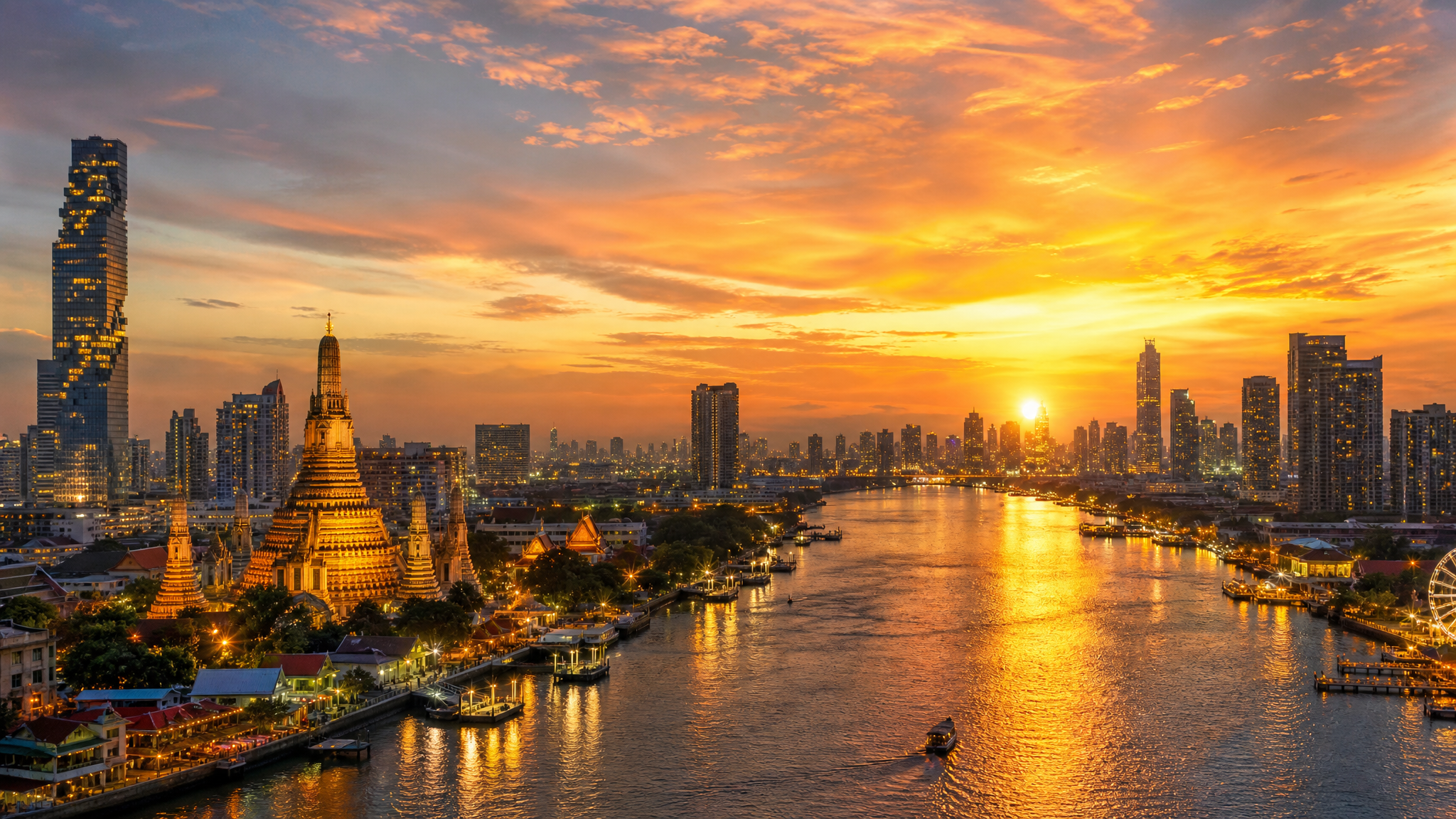 泰国曼谷城市天际线黄昏风景，湄南河穿城而过，画面左侧有像素大厦… - 图片创意预览