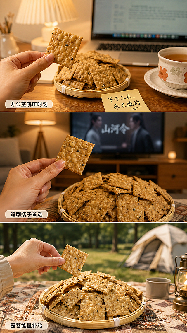 [第7屏] 食用场景三联图——办公室 / 追剧 / 露营。[氛围/风格] 生活化抓拍感 + 商业修图质感; 三宫格拼接，每格独立场景，统一暖调滤镜. [元素布局] 左格：办公桌场景，使用【图4】带茶杯背景图裁切，手部（真人）持锅巴伸向镜头，电脑屏幕虚化，桌上便签写「下午三点，来点脆的」；中格：沙发追剧场景，使用【图3】竹篮锅巴+手部入镜，电视屏显示剧名虚化; 右格：户外露营，使用【图6】俯视竹篮+野餐布背景，手部取锅巴，远处帐篷虚化。三格中锅巴均来自同一SKU，形态/芝麻/颜色严格一致，仅场景变化。[光影质感] 每格独立布光：左格台灯光暖黄，中格落地灯柔光，右格自然日光；手部肤色自然，锅巴高光统一。[配色色系] 全局统一滤镜：暖调+轻微胶片感；三格底色差异但协调：办公#F8F5F0、追剧#FDFCF9、露营#F0F4F8；文字统一#2E2E2E. [视角构图] 每格均为平视人眼高度，手部在画面1/3处引导视线至锅巴；三格等宽等高拼接，中间留白10px分隔线. [文字版式] 每格底部小标签：「办公室解压时刻」「追剧搭子首选」「露营能量补给」，12pt思源黑体；无主标题，靠场景传递信息. [比例分辨率] 9:16（整屏），4K. [负向提示词] 三格锅巴不一致、手部畸形、场景穿帮、文字错别字、露营图出现现代设备、产品被遮挡超30%、滤镜过重失真.