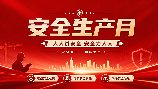 正式商务风格安全生产月活动横板封面，红色安全主题色调。画面主标题为"安全生产月"，副标题为"人人讲安全 安全为人人"，装饰文案为"安全第一 · 预防为主"。卖点文字：增强安全意识、落实安全责任、消除安全隐患，分别放在画面空白负空间作为信息标签。版式精美，居中放置主标题，简约大气的红色渐变背景，加入安全警示元素，整体构图简约整洁，文字清晰可读不遮挡主体，风格正式庄重。