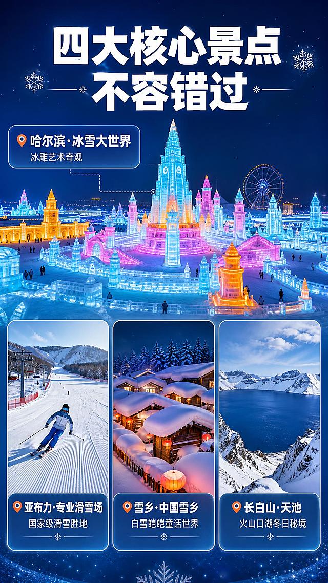 [商品] 旅游服务产品：哈尔滨+亚布力+雪乡+长白山7日6晚冰雪之旅；无实物商品图。
[画面] 核心景点展示页，目标是突出四大必打卡景点的魅力。画面采用上下分栏，上半部分是大幅哈尔滨冰雕大世界实景图，下半部分横向排列3张小图卡片：亚布力滑雪场、雪乡雪蘑菇、长白山天池，每张图下方有景点名称和一句话亮点。背景是深蓝色渐变，营造冰雪夜晚氛围。整体视觉冲击力强，突出景点实景。
[视觉] 套系策略：风格=国内电商高端旅游实景大片风；标题字=超粗黑体，白色；正文字=常规黑体，白色/浅灰；主色=冰蓝+雪白；背景延展=基于冰蓝雪白做深浅层级、同色渐变和雪景质感；强调色=暖橙色，仅用于小面积标签和高亮；标题色=白色；正文色=白色/浅灰；组件=圆角半透明卡片、细线引线、雪花图标；光影=夜景灯光+冰雪反光，梦幻绚丽。
[文字] 顶部主标题"四大核心景点 不容错过"。四个景点分别标注：哈尔滨·冰雪大世界（冰雕艺术奇观）、亚布力·专业滑雪场（国家级滑雪胜地）、雪乡·中国雪乡（白雪皑皑童话世界）、长白山·天池（火山口湖冬日秘境）。所有文字横排，清晰可读。
[规格] 图片比例9:16竖版，2K，避免变形、错字、文字过小、景点图片失真、虚假宣传。