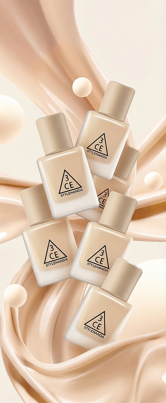 将图一的3CE方形瓶粉底液放在图二的流动粉底液背景中，参考图三的排列方式错落堆叠摆放多个，保持原图一粉底液瓶盖的原有外观不变，保持背景和整体光影质感与风格一致