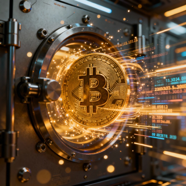 safes, intricate digital data streams flowing around the coin, and shimmering particle effects high预览效果