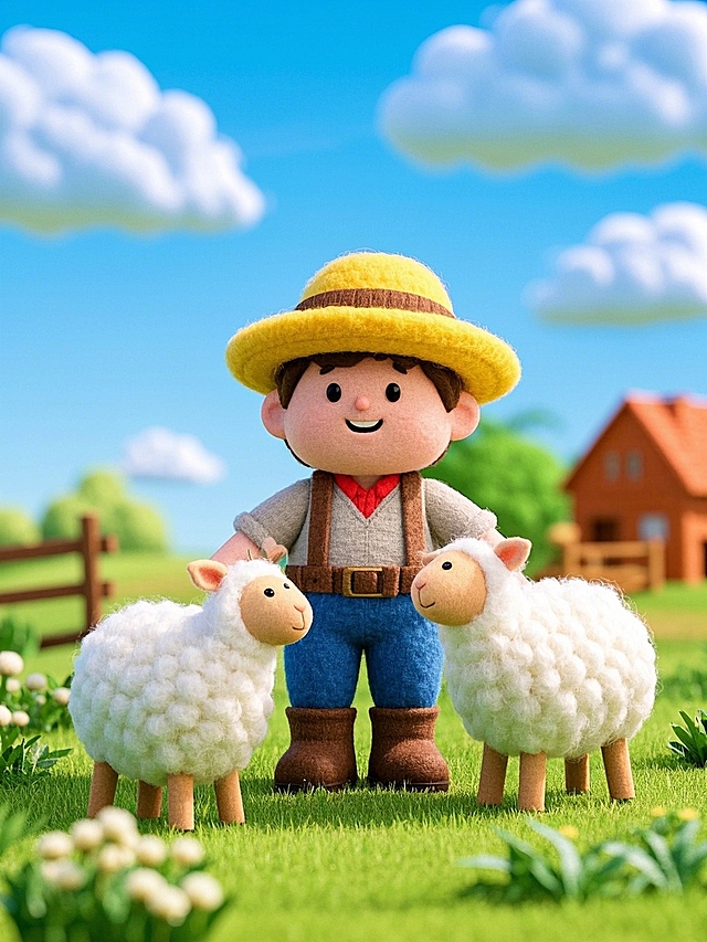 一个农民在农场放羊