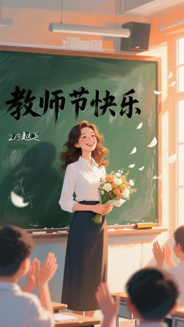 一间温暖的教室 清晨的第一缕阳光照射进来 一位女教师 穿白色衬衫深色长款半身裙站在墨绿色黑板前 黑板上有教师节快乐几个黑体加粗字 女教师大波浪 气质优雅 笑容灿烂有感染力 手中捧着花束 橙色的阳光洒在预览效果