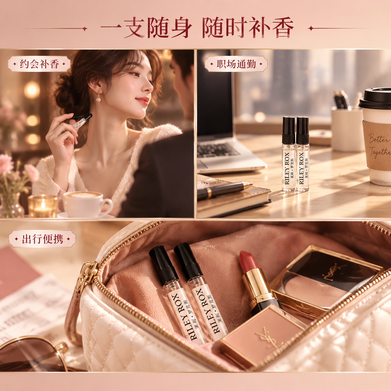 多场景随身香氛主图，轻奢生活方式摄影风格。画面采用三宫格拼图形… - 图片创意预览