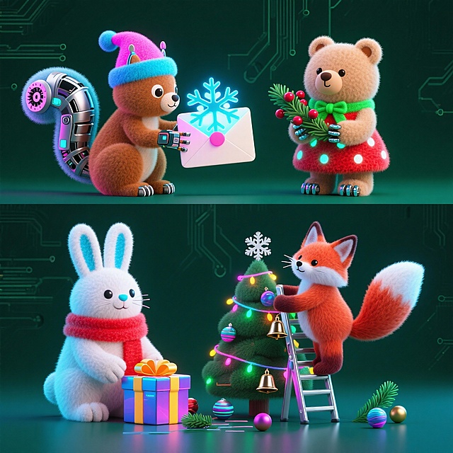 深墨绿赛博背景(带霓虹电路纹理)，4个圣诞元素上下两行对齐排列:
1.戴霓虹发光圣诞帽(蓝粉渐变)的机械松鼠，爪握全息投影信封，蹲坐抬爪触碰信封上的霞虹雪花，尾巴带金属齿轮纹理
2.浅棕小熊身着红底白点反光毛绒裙(嵌 LED 灯珠)，颈系霓虹绿丝带，双手捧着缀发光浆果的电子松枝，歪头露机械爪垫
3.白耳荧光兔子围反光红围巾，前爪整理全息礼盒(显示动态雪花)，礼盒旁散落霓虹彩球与电路松针，眼神带科技蓝光
4.赤狐踮脚站在金属梯上,爪握霓虹彩灯串(RGB 渐变)缠绕机械圣诞树，耳尖别发光二极管，身后着霓虹雪花，爪边挂金属铃铛