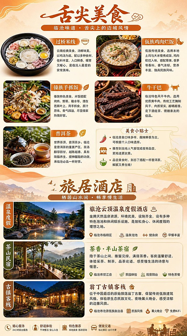 临沧文旅折页第9页-舌尖美食与旅居酒店，竖版14x25cm。上半部分标题"舌尖美食"，展示云南临沧特色美食，如过桥米线、佤族鸡肉烂饭、傣族手抓饭、牛干巴、普洱茶等美食图片，配美食名称和简介。下半部分标题"旅居酒店"，展示临沧特色酒店和民宿图片，如温泉酒店、茶山民宿、古镇客栈等，配酒店名称和简介。上下分区布局，美食区用暖色调，酒店区用温馨色调。背景为米色和暖橙色渐变。版式精美，图文并茂。画面中所有信息区域必须填充完整合理的内容，不得出现空白框。