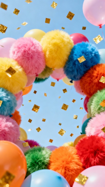 大量色彩鲜艳的毛绒质感气球，包括粉色、黄色、蓝色、绿色、橙色、红色等多种明亮饱和色调，气球表面有柔软的绒毛纹理和轻微的光影渐变，无数金色闪光的方形亮片从空中飘落，背景为纯净的浅蓝色，整体画面充满欢快、喜庆、热闹的氛围，构图饱满，视角从下往上仰视，气球紧密围绕形成圆形视觉焦点，无任何文字元素。预览效果
